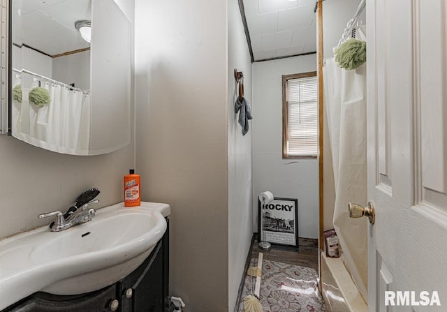 1405 Pekin St, Lincoln, IL 62656 - bathroom featuring vanity, a shower with curtain, and wood finished floors