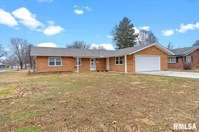 ranch-style home with a garage and a front yard