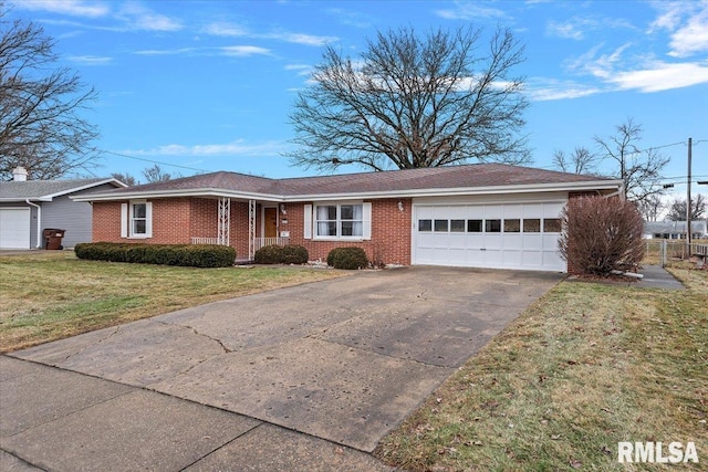 ranch-style house with a garage and a front lawn