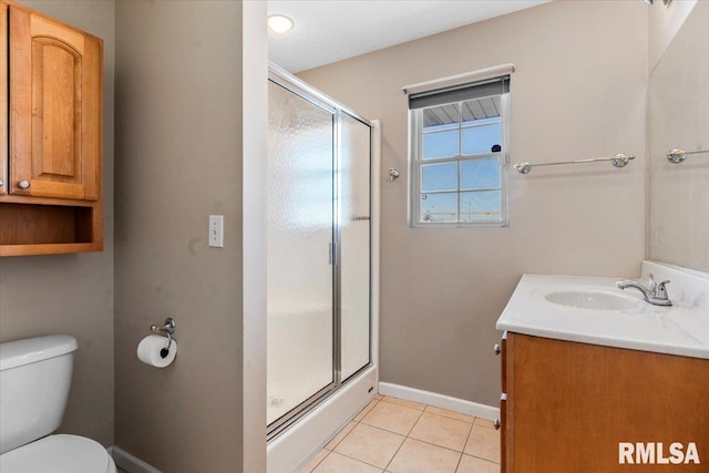 bathroom featuring an enclosed shower, vanity, tile patterned floors, and toilet