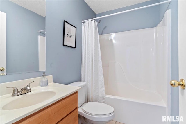 full bathroom featuring vanity, shower / bath combo, a textured ceiling, and toilet