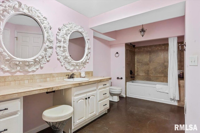 full bathroom with vanity, toilet, tiled shower / bath combo, and concrete floors