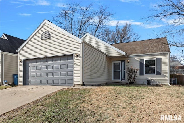 single story home with a garage and a front lawn