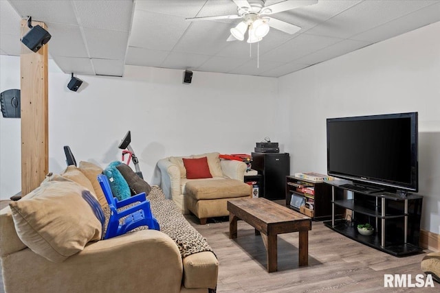 living room with a drop ceiling, hardwood / wood-style floors, and ceiling fan