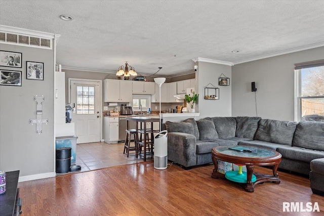 living room with crown molding, sink, light hardwood / wood-style floors, and a textured ceiling