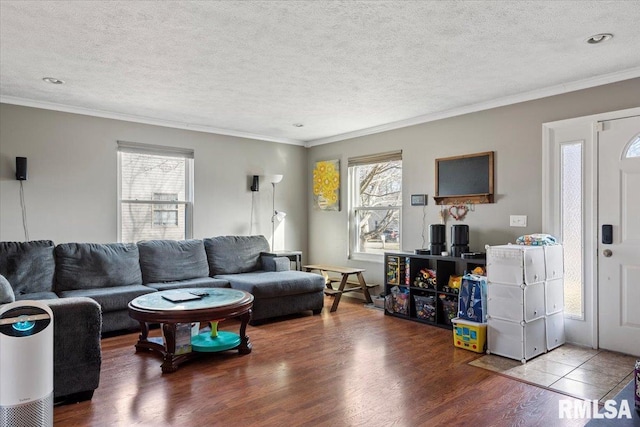 living room featuring wood-type flooring, ornamental molding, and a textured ceiling