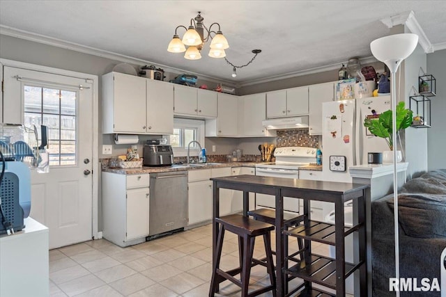 kitchen featuring sink, white cabinets, light tile patterned floors, crown molding, and white appliances