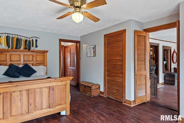 bedroom featuring a closet, dark hardwood / wood-style floors, and ceiling fan