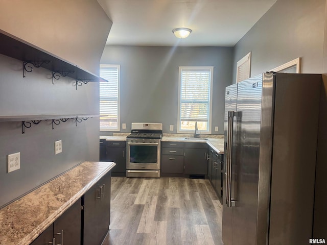 kitchen featuring sink, a wealth of natural light, stainless steel appliances, and light hardwood / wood-style floors