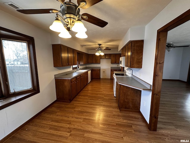 kitchen featuring white appliances, dark hardwood / wood-style flooring, sink, and a textured ceiling