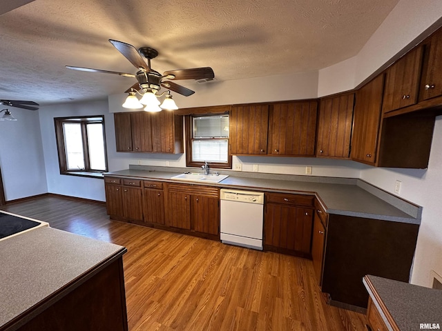 kitchen with dishwasher, sink, a textured ceiling, and light hardwood / wood-style flooring