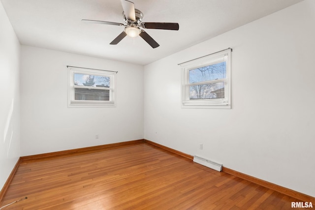 empty room with ceiling fan, light hardwood / wood-style floors, and a wealth of natural light