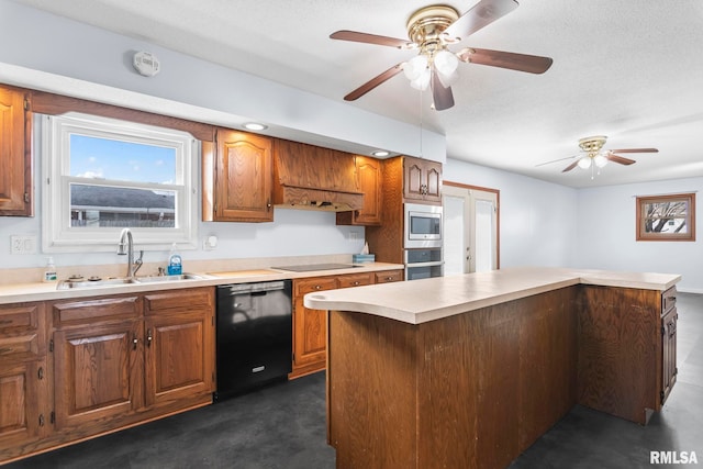 kitchen featuring ceiling fan, sink, a textured ceiling, and black appliances