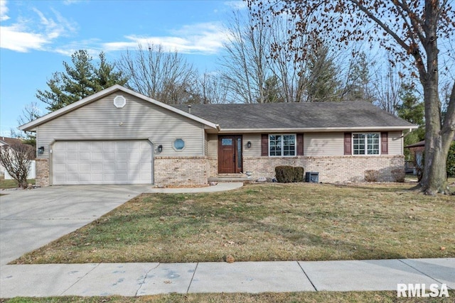 ranch-style house with a garage and a front yard