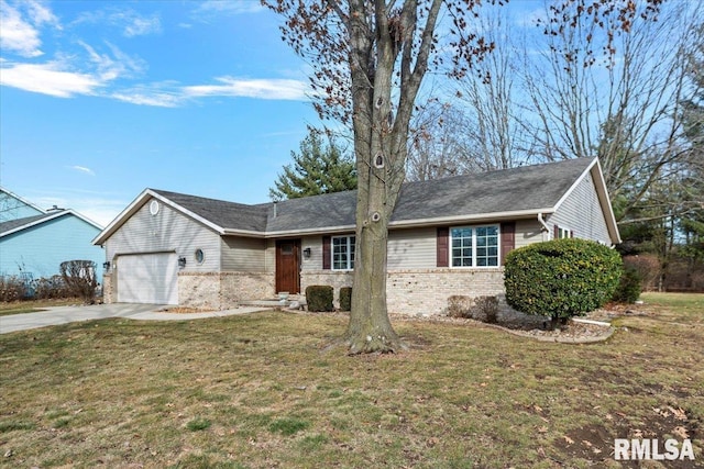 single story home with a garage and a front yard