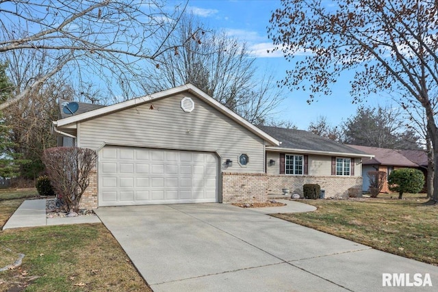 ranch-style house with a garage and a front lawn