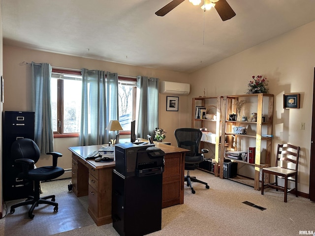 carpeted office space featuring vaulted ceiling, a wall mounted air conditioner, and ceiling fan