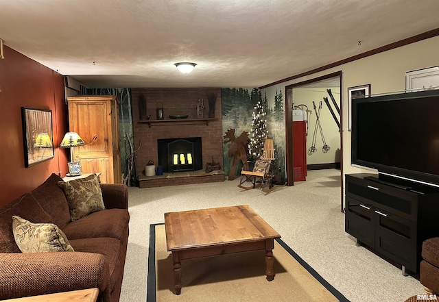 living room featuring light carpet and a fireplace