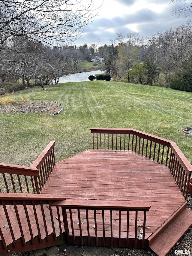 wooden deck featuring a water view and a yard