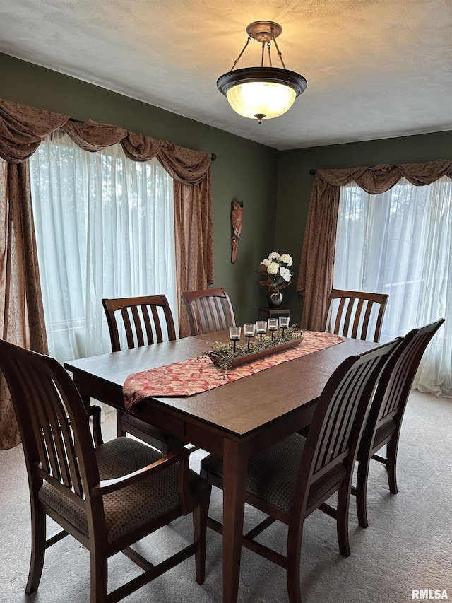 carpeted dining room featuring a textured ceiling