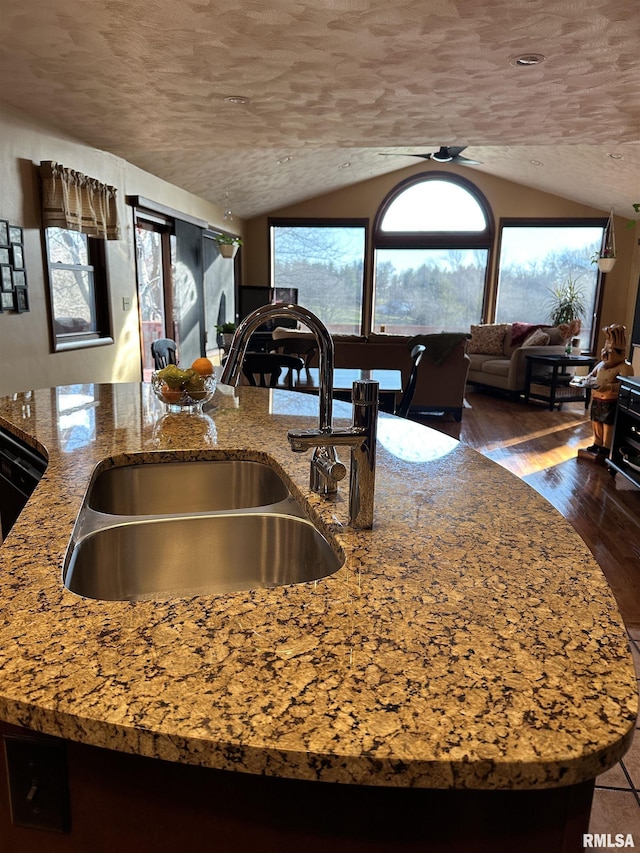 kitchen with light stone counters, sink, dark wood-type flooring, and vaulted ceiling