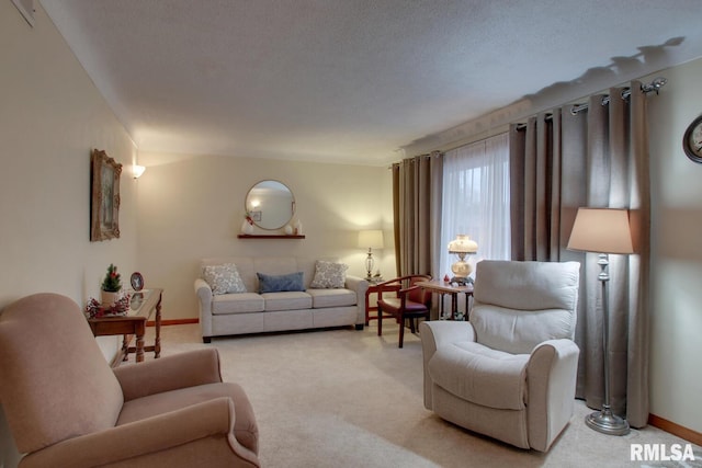 living room with carpet flooring and a textured ceiling