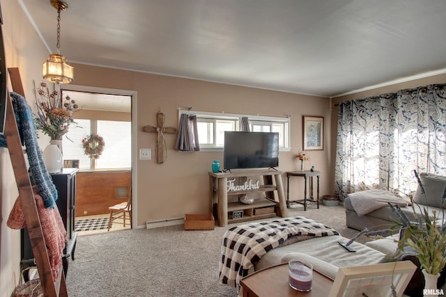 carpeted living room with a baseboard heating unit