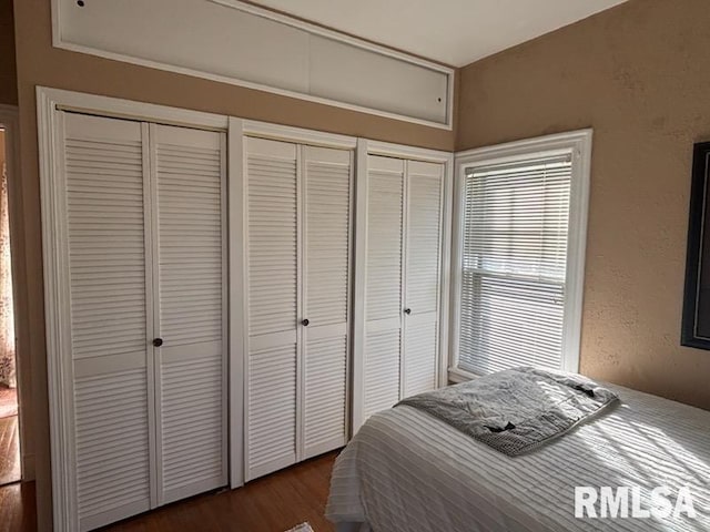 bedroom with multiple closets and dark hardwood / wood-style flooring