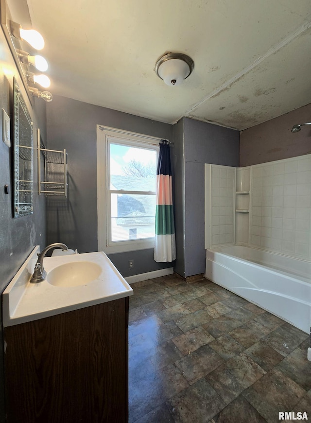 bathroom with vanity and shower / bathtub combination with curtain