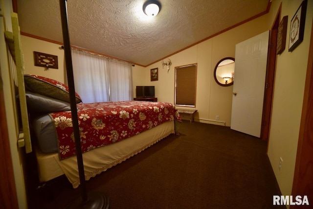 bedroom with crown molding, a baseboard heating unit, a textured ceiling, dark carpet, and vaulted ceiling