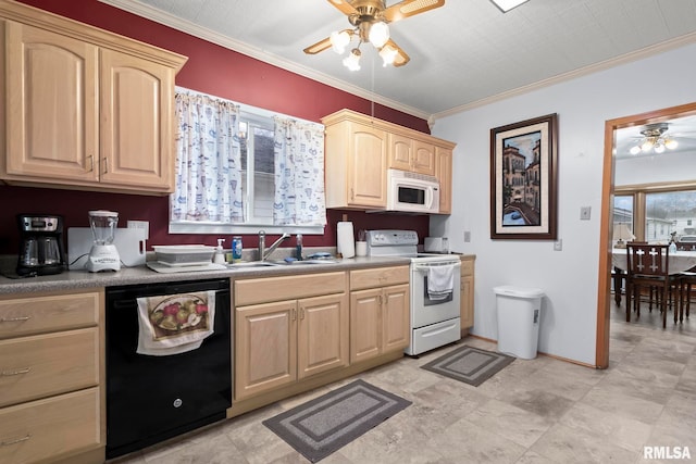 kitchen with sink, white appliances, ceiling fan, and light brown cabinets