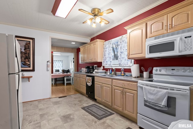 kitchen with crown molding, sink, light brown cabinets, and white appliances