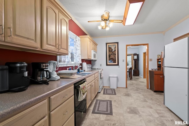 kitchen featuring sink, crown molding, white appliances, ceiling fan, and light brown cabinets