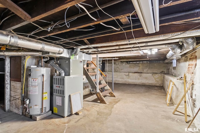 basement with heating unit and water heater