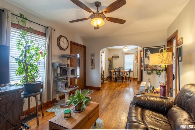 living room featuring light hardwood / wood-style floors and ceiling fan