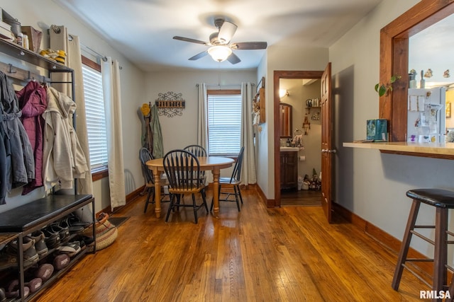 dining space with hardwood / wood-style floors and ceiling fan