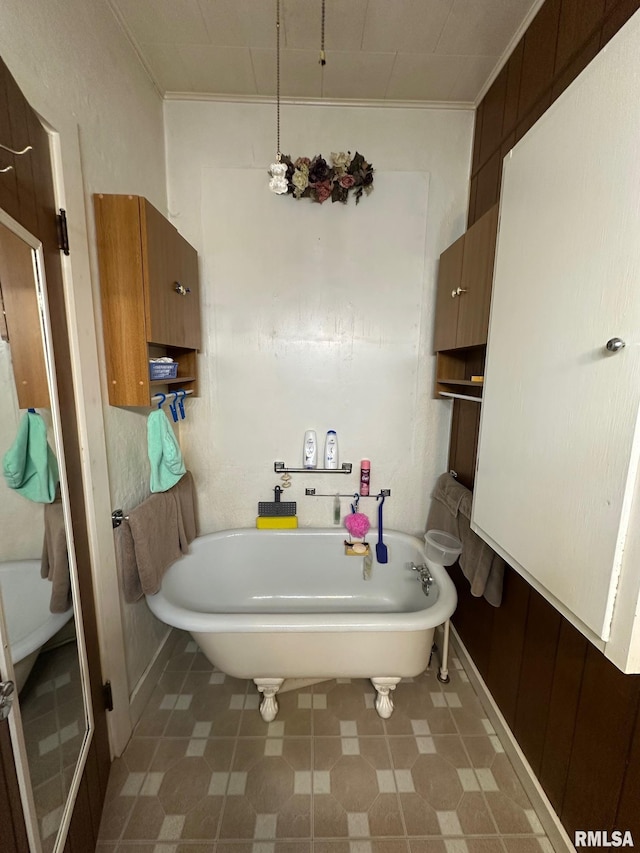 bathroom featuring ornamental molding and a washtub