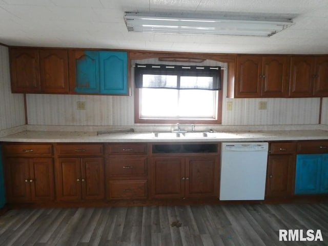 kitchen with dishwasher, sink, and dark hardwood / wood-style floors