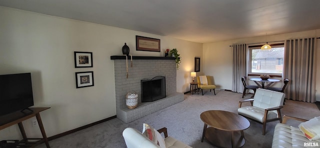 living room featuring a fireplace and light colored carpet