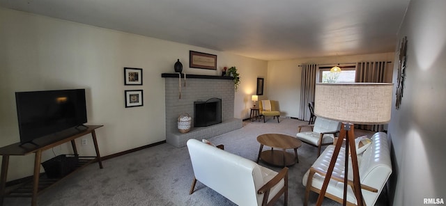 living room with light colored carpet and a brick fireplace