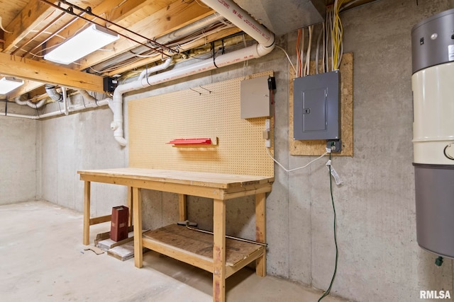 basement featuring electric panel and a workshop area