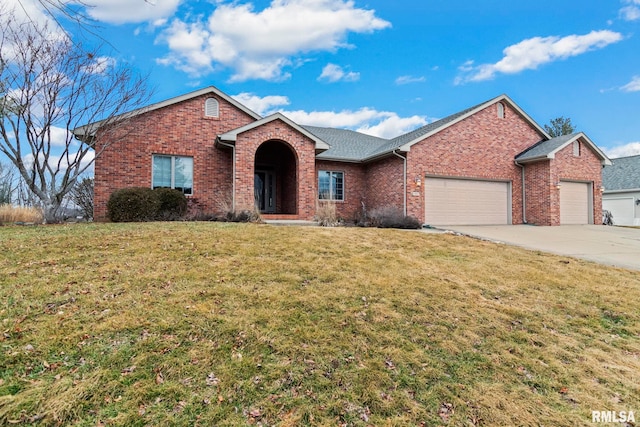 single story home featuring a garage and a front yard