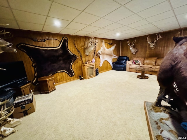 interior space featuring carpet and wooden walls