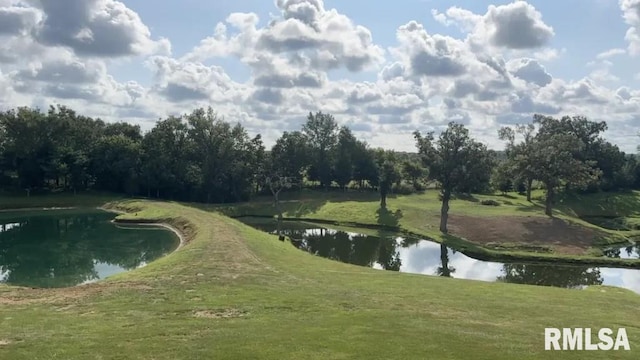 view of property's community with a lawn and a water view