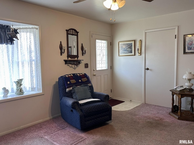 living area with ceiling fan, carpet, and a wealth of natural light