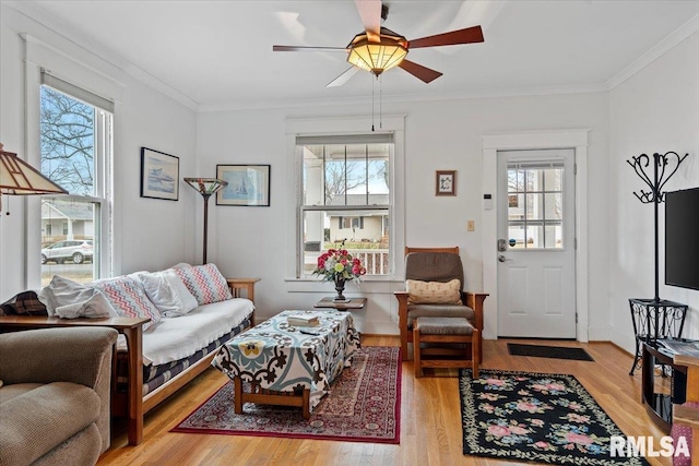 living room featuring crown molding, light hardwood / wood-style floors, and ceiling fan