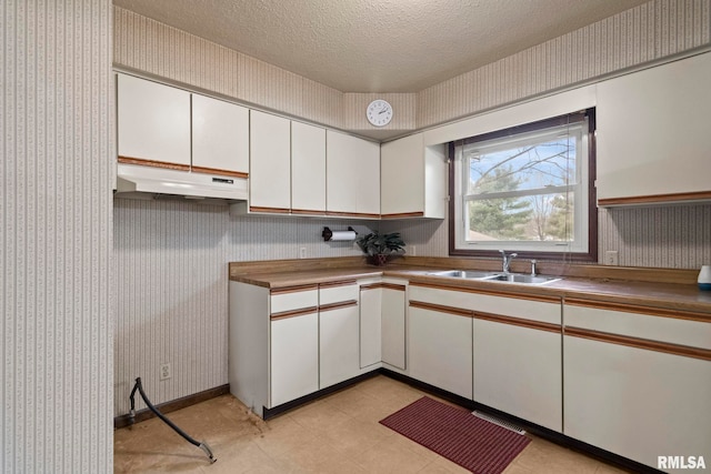 kitchen featuring sink, a textured ceiling, and white cabinets