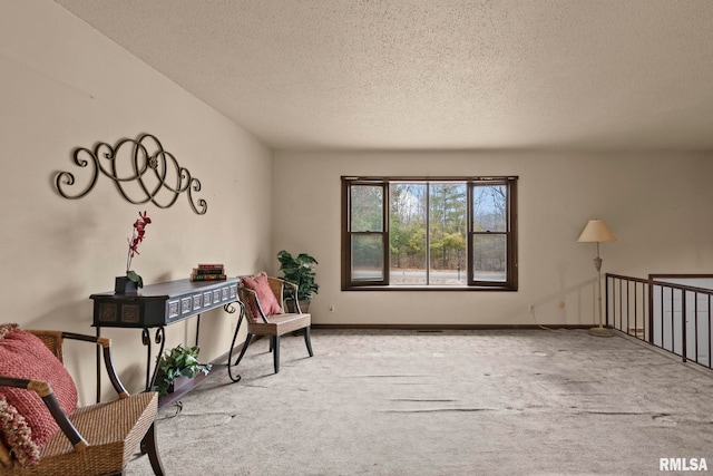 living area featuring carpet flooring and a textured ceiling