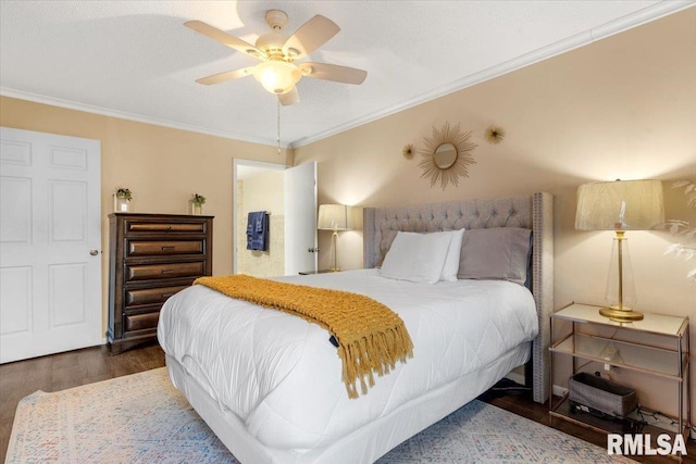 bedroom with ornamental molding, ceiling fan, and dark hardwood / wood-style flooring