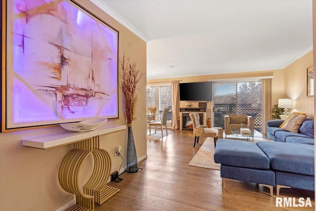 living room featuring ornamental molding and hardwood / wood-style floors